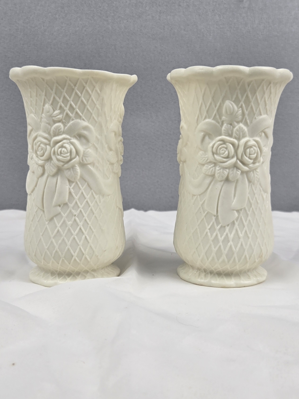 Pair of Vintage Porcelain Bisque Rose & Lattice Vases
